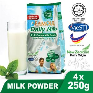 Famous Daily Milk Softpack 4 x 250g (1 KG) (Instant Full Cream Milk Powder / Segera Susu Tepung Penuh Krim) (Yogurt/Baking/Cheese) DiJamin Halal