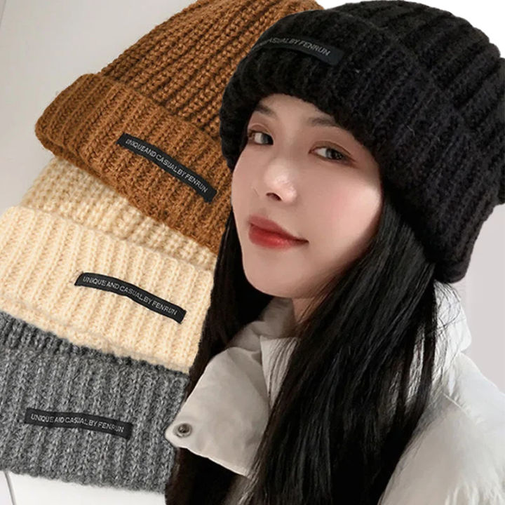 Winter Thicken Knitted Women Cap Ins Style Fashion Warm Wool Solid