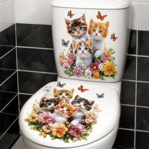 W5YR Waterproof Cat Toilet Stickers Self Adhesive Cute Cat Pattern Cat Wall Decals Gifts Butterfly Accents Toilet Decals Bathroom Wall Stickers