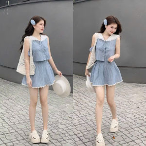 DX_Set mùa hè bộ đồ đi biển nữ sọc Lenin cộc xanh trắng có lót kèm chân váy ngắn phối Ren phong cách Hàn Quốc