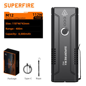 SUPERFIRE Torchlight M12 Super Bright 8000 LUMENS Rechargeable Type-C Flashlight  Multifunctional Camping Fishing Flash Light Powerful Lantern