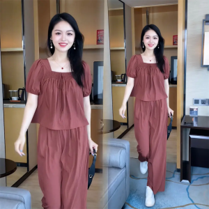 2pcs Women Causual Clothing Individual Set Wear Lady Short Sleeve Top Blouse and Loose Long Pants Hight Waist Wide Leg Plus Size #862