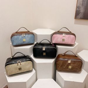 DADOMYD PU Leather Makeup Bag Large Capacity Square Shape Camera Storage Bag Durable Handheld Toiletry Bag Travel