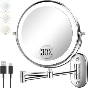30X/1X Wall Mounted Lighted Makeup Mirror 8 Double Sided Rechargeable Magnifying Bathroom Mirror with Light 3 Color Lights Touch Dimmable Extended Arm 360 Rotation Light up Mirrors