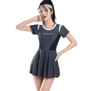 Lyseacia đồ bơi khối màu trắng màu đen cho phụ nữ quần vợt phong cách xếp li váy bơi tay ngắn khoá kéo Áo tắm một mảnh thể thao khiêm tốn Bộ Đồ Tắm với vải co giãn beachwear hồ bơi hợp thời trang đồ bơi