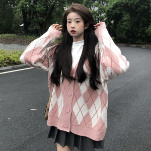 Kardigan Rajutan Baru Longgar Retro V-neck Korean Style Sweater Belah Ketupat Kotak-kotak Atasan Wanita Lengan Panjang Fashion Loose Kasual