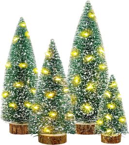 Small Christmas Tree with Lights 4 Pcs Table TopChristmas Tree with Wooden Bases LED String Light Small Bottle Brush Pine Tree Decor for Xmas Holiday Party Home Indoor Christmas Decoration