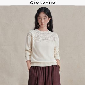 Giordano Women 100% cotton eyelet jacquard crewneck sweater Free Shipping 18356219