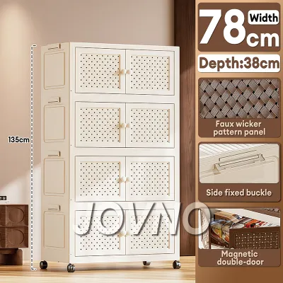 JOVNO Rattan Textured Foldable Storage Cabinet - Magnetic Door Design with Wheels & Lock for Clothes Toys Home Decor