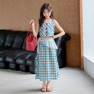 Summer Teenage Girls Clothing Sets Sleeveless Vest + Skirt Blue Plaid Two-Pieces Suits New Korean Style Sweet Children‘s Outfits h260702