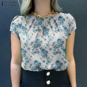 ZANZEA Womens New Fashion Short Sleeve Pleated Top Shirt Office Ladies Floral Printed V-Neck Blouse S08