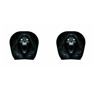 GREYDAWN 1pair Elastic Fabric Skull Headrest Cover Vivid Flat Print Universal Fit Halloween Auto Slipcover Novelty Cushion Shell Double Sided Gothic Seat Protector Vehicle Interior