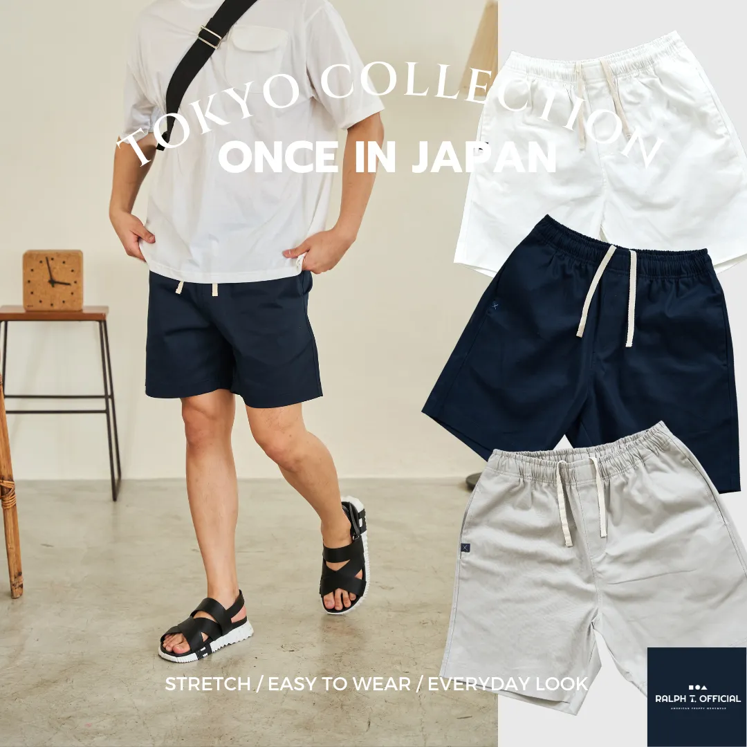 RALPH T OFFICIAL กางเกงขาสั้นผู้ชาย เอวยางยืด TOKYO RALPH T กางเกง ขาสั้น ชาย ผ้ายืด สีเบจ สีขาว สีดำ สีกรมท่า สีเทา สีเขียวเข้ม