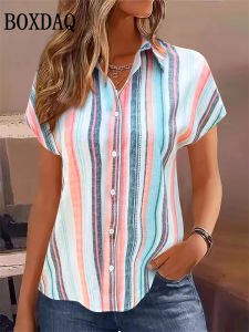 2026 Trendy Casual Shirts Summer Women’s Single Breasted Tops 3D Colorful Striped Printed Blouses Fashion Streetwear Blouse Tops
