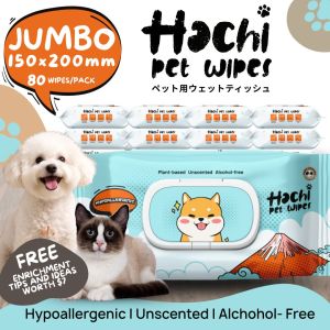 ✅[SG] HACHI Pet Wet Wipes 80 Super Jumbo 15x20CM Sheets Per Pack ★ Hypoallergenic | Plant-Based | Unscented | Alcohol-Free ★