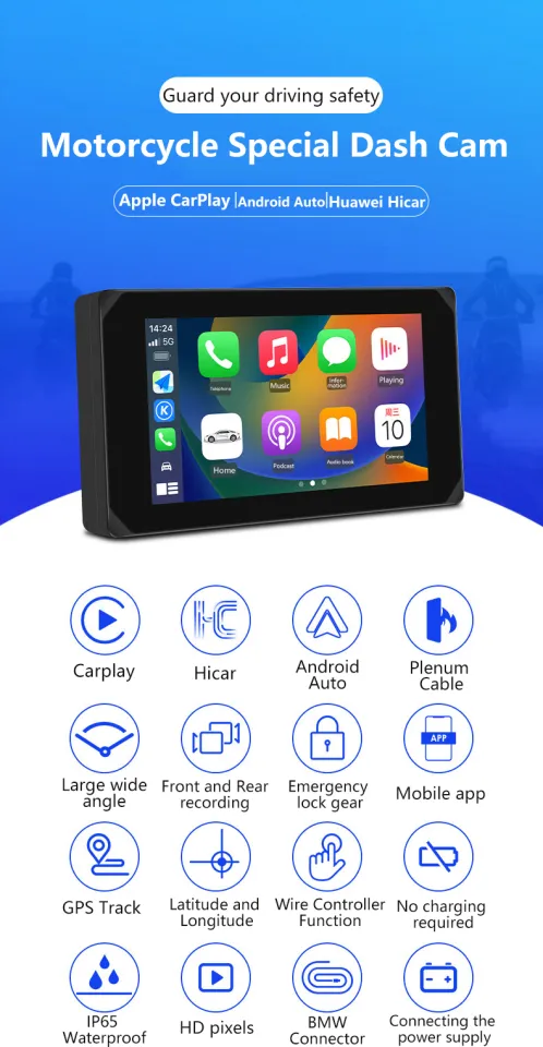 VSYSTO Wireless CarPlay & Android Auto Motorcycle Camera - 5" Touchscreen With 1080P Front/Rear Cameras & GPS