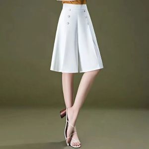 Women High Waist Wide Leg Skorts Double Breasted Button Midi Skort Elegant A-Line Flared Knee-Length Skirts
