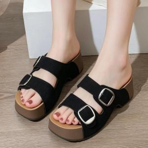 Two Adjustable Buckle Open Toe Platform Mule Sandals For Women Slip‑On Casual Footwear For Beach Shopping And Daily Commuting