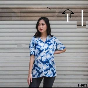 Baju Pantai Musim Panas Kemeja Wanita Motif Tie Die Lengan Pendek