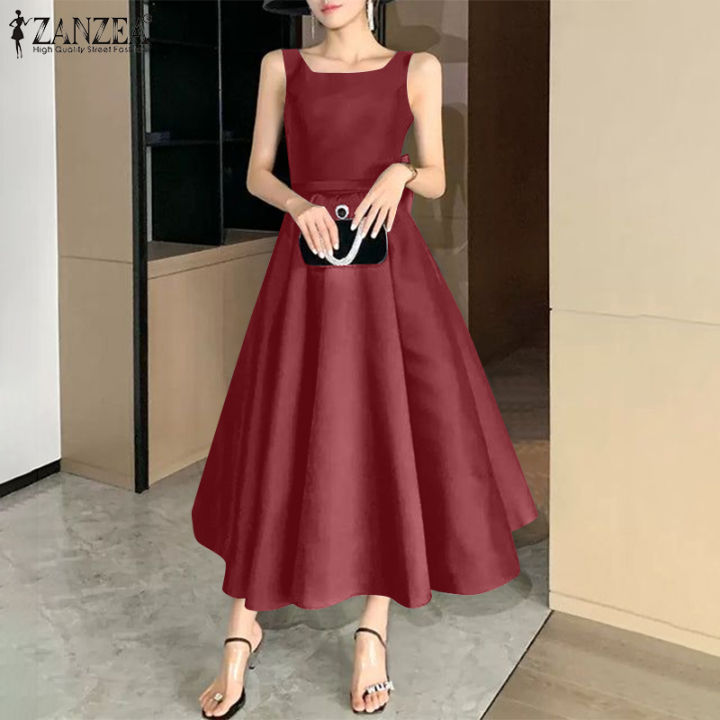 ZANZEA Korean Style Women Elegant Square Neck Sleeveless Dresses Back  Bowknot A-Line Solid Long Dress #0428 | Lazada PH