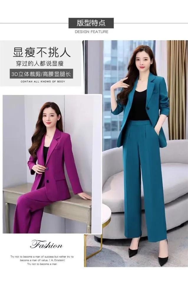 Korean style OL suit two-piece women elegant slim blazer jacket wide leg  pants fashion suit