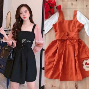 Đầm xòe cổ vuông tay dài phối voan tơ bụng đan dây