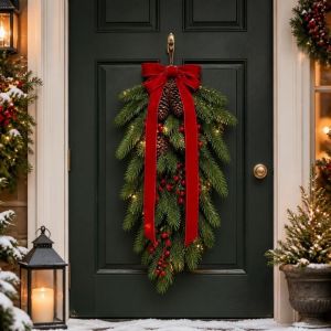 FLEURS Teardrop Shape Christmas Swag Flexible Bendable With Bells Artificial Pine Garland New Year Decoration With Pine Cones Teardrop Wreath Door Hanging