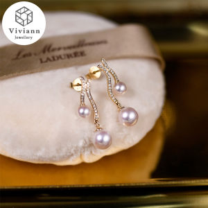Viviann Original Bright Diamond Double Curve Seawater Pearl 18K Gold Earrings Stud Earrings Pearl Studs Hoop Earrings for Women Gold Color Eardrop Wedding Fashion Jewelry