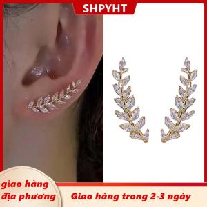 [COD] SHPYHT Giao hàng địa phương Sang trọng sáng bóng Rhinestone lá Stud Bông tai cho phụ nữ tinh tế lúa mì Tai Cuff Bông tai đồ trang sức cưới