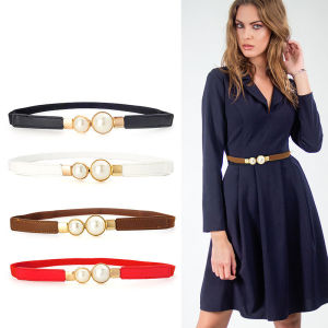 Tali pinggang elastik nipis wanita hiasan pakaian Double Pearl Buckle Belt Waistband