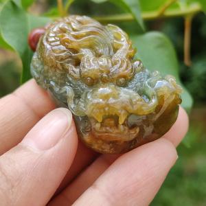 Green and Brown Two Colours Natural Type A Jadeite Pendant carved as Dragon with certificate weighs 33.15 grams 41.8 * 26.5 * 16.5 mm meaning Power and dignity spirit of courage and perseverance Prosperity and wealth (pendant88)