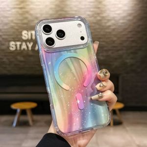 Rainbow Gradient Laser Clear Phone Case For iPhone 18 17 16 15 14 13 Pro Max For Magsafe Magnetic Anti-Yellowing Colorful Cover