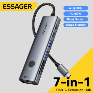 Essager PD 100W USB C 7 In 1 Extension Hub USB 3.0 5Gbps Fast Transfer 4K30Hz HD Projection Adapter SD/TF 3.0 Dual Card Same Read 104Mb/s Max Collector Compatible with Mac OS iOS Windows Linux Android Systems Suitable For Mobile Tablet Computers