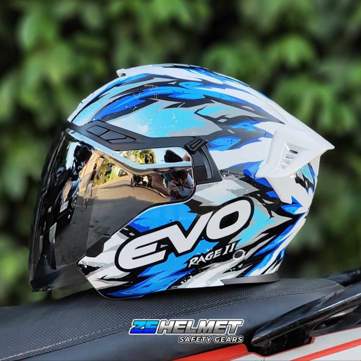 EVO RX-7 RAGE 2 (White/Blue) HALF FACE - DUAL VISOR (with FREE Clear ...