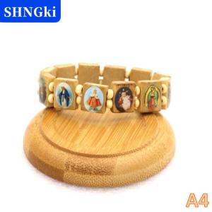 SHNGki Vòng tay Mân Côi bằng gỗ-Hình dán biểu tượng tôn giáo thanh lịch hoàn thiện bằng lớp dầu nhỏ giọt trang sức cầu nguyện hạt mang tính tâm linh dành cho việc mặc để thờ phượng.