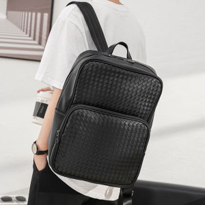 Ando Design New Casual Backpack for Men PU Leather Large Capacity Weave Outdoor Travel 14 Inch Laptop Bag