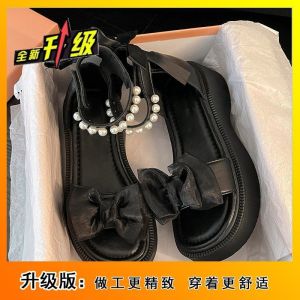 [Free Shipping] New Thick-Soled Platform Sandals With Bow Details Paired With A Skirt Pearl Roman-Style Flat Sandals WomenS Summer Footwear