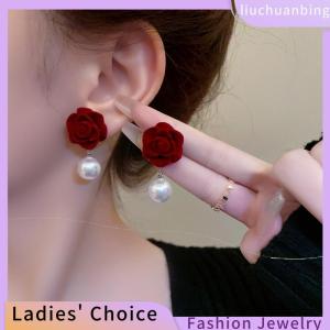 [COD] liuchuanbing Jewellery Wine Red Rose Flower Earrings Retro Wedding Ear Studs Chinese New Year Jewelry Earring