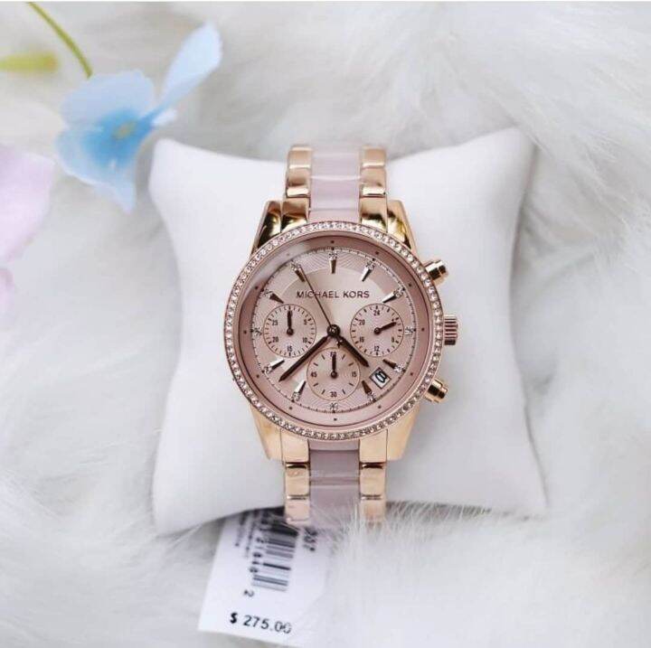 Michael Kors Ritz Quartz Chronograph Rose Dial Rose Gold-tone Pink Acetate  Ladies Watch MK6307 Original With 1 Year Warranty For Mechanism