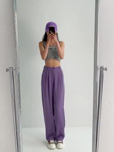 Suit Pants High Waist Elastic Waist Straight Leg Pants Women Casual Pants Seluar Slack Wanita Slimming Wide Leg