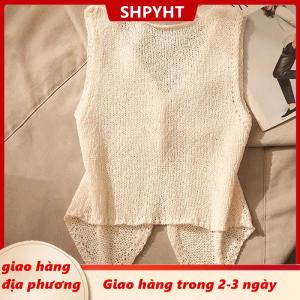 [COD] SHPYHT Giao hàng địa phương Mùa hè phụ nữ thời trang màu sắc rắn Chic nút v-cổ không tay dệt kim yếm