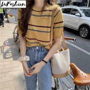 LuFashion Womens T-Shirts Summer Stripe Loose Short Sleeve Casual Tops