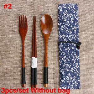 Japanese Style Handmade Portable Natural Wooden Spoon Fork Chopsticks Cloth Bag Cutlery Sets Travel Dinnerware with Cloth Pack h260612