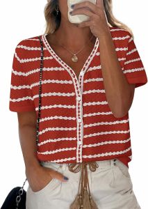 NALANISA Womens Short Sleeve Sweater Spring Summer Crochet Knitted Top 2025 V Collared Striped Button-Up Formal Casual Shirt