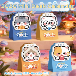 DFGFIN แบบพกพา ปฏิทินตั้งโต๊ะปี 2026 ขนาดเล็ก กำหนดการ ปฏิทินคอยล์ น่ารัก แมวการ์ตูน ของตกแต่งปฏิทิน ของใช้สำนักงาน
