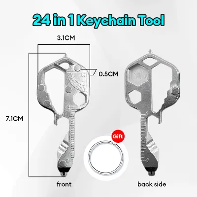 24 in 1 Multifunctional Keychain Tool Pocket Bottle Opener Keychain Stainless Steel Screwdriver Pendant Adjustable Mini Wrench Key Ring Outdoor Portable Universal Tools