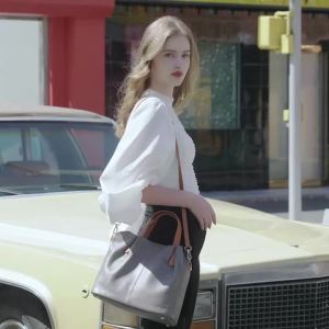 Leather pleated tote bag with contrasting color handles single shoulder crossbody genuine leather womens bag