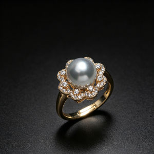 Vintage Lace-Embellished Diamond-Studded Large Pearl Ring for Women Luxurious and Elegant Shell Pearl Adjustable Ring Gift for Mom or Elderly