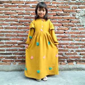 Gamis anak bahan crinkle airflow pompom motif kupu-kupu gamis anak 3-8 tahun