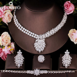 Sepj งบหรูหราเจ้าสาว4ชิ้นชุดเครื่องประดับที่มีคุณภาพสูงใบ CZ แต่งงานเสน่ห์จี้ต่างหูสร้อยคอสร้อยข้อมือและแหวน SJ146